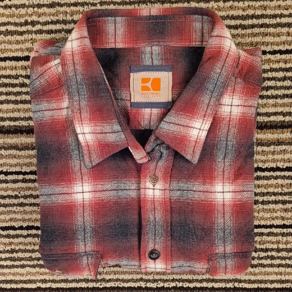 HUGO BOSS Dark Red White‎ Plaid Thick Flannel Cotton Mens Sz L Long Sleeve Shirt